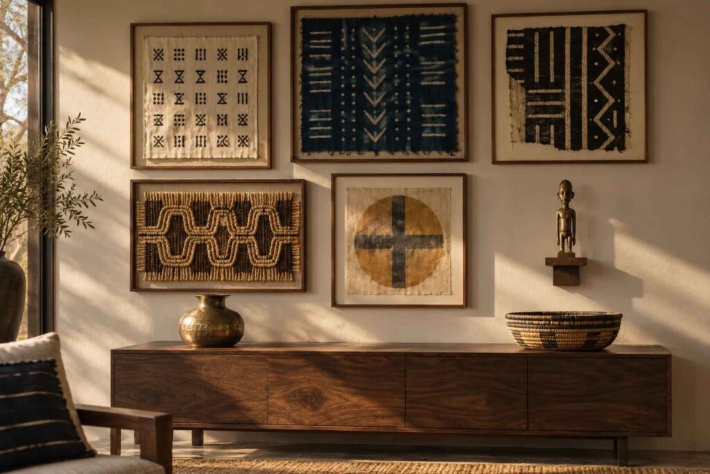 African symbols and their meanings on a gallery wall of adinkra, adire, mudcloth and Kuba raffia