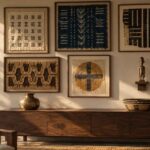 African symbols and their meanings on a gallery wall of adinkra, adire, mudcloth and Kuba raffia