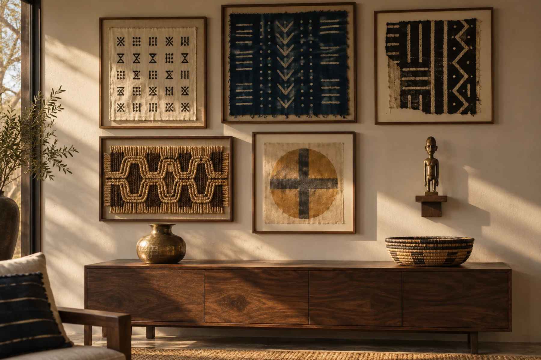 African symbols and their meanings on a gallery wall of adinkra, adire, mudcloth and Kuba raffia