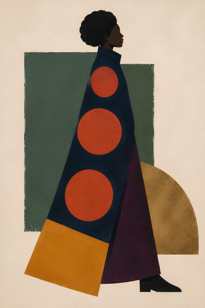 Afro Boho Woman in Terracotta Circles, mid century Black woman art in navy, terracotta, sage and mustard