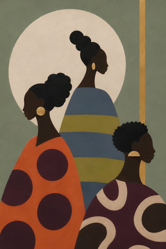Black Family Silhouettes in Sage Green and Gold, Black family wall art of two women and a child under a cream moon