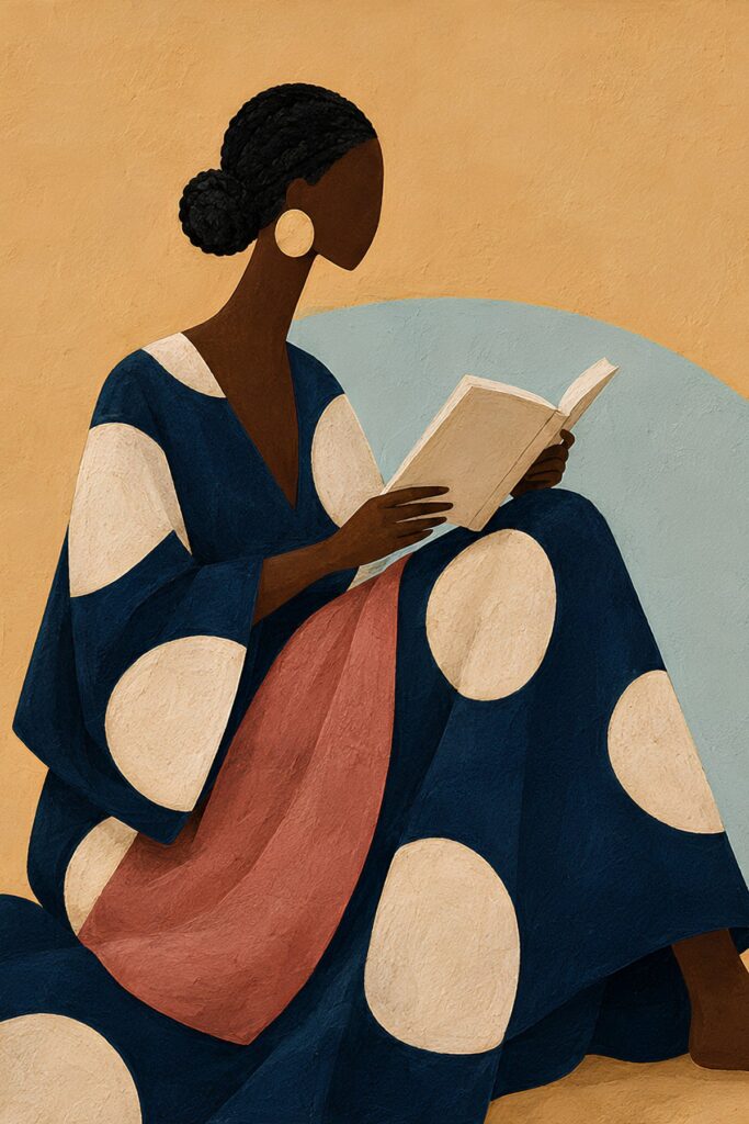 Black Woman Reading in Indigo Polka Dot Dress, Black woman reading art print in indigo, cream and ochre