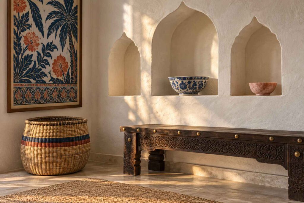 Kenyan symbols in a styled room — Swahili zidaka niches, teak bench, sisal kiondo basket, coastal cloth