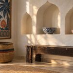 Kenyan symbols in a styled room — Swahili zidaka niches, teak bench, sisal kiondo basket, coastal cloth