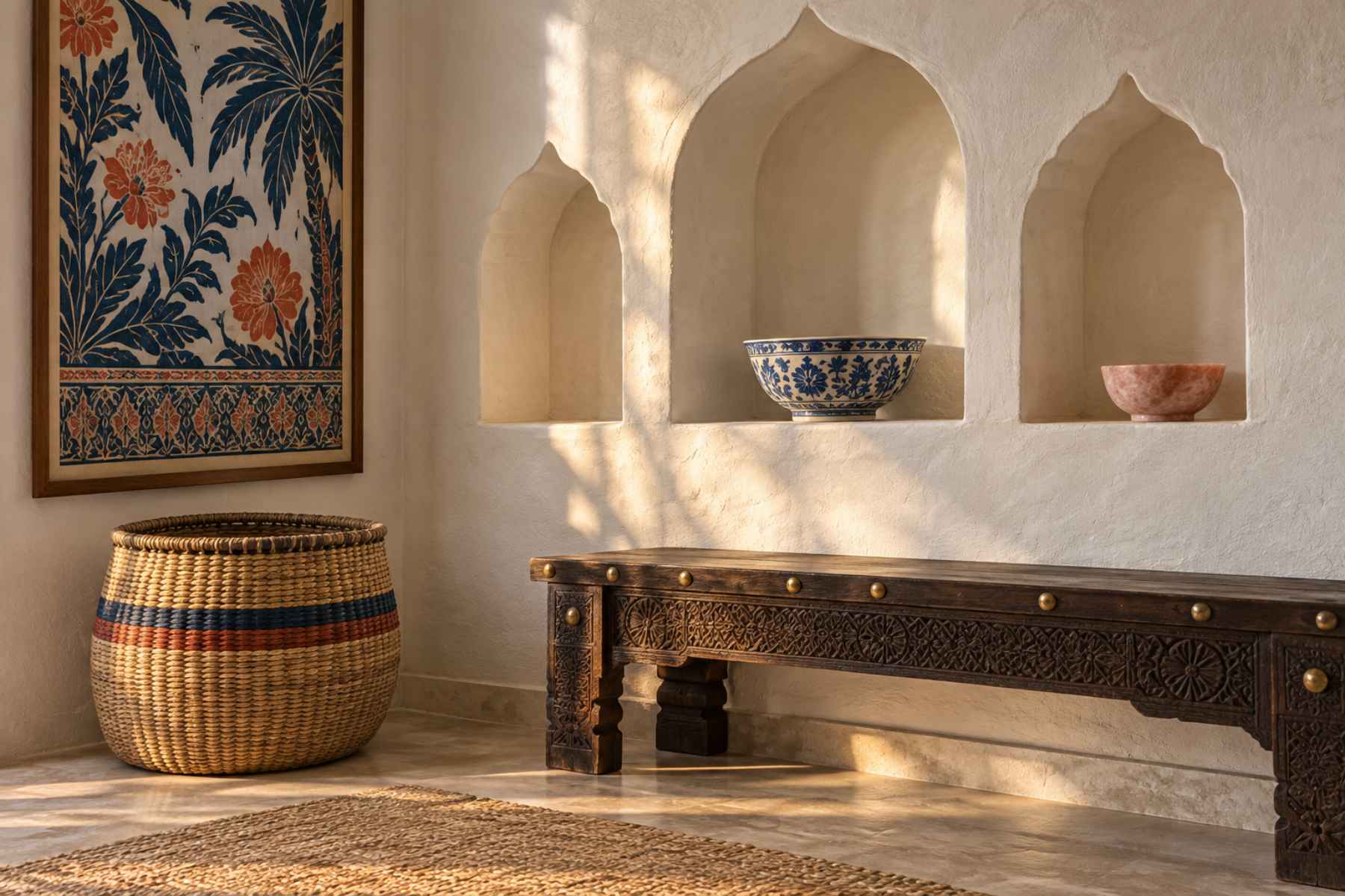 Kenyan symbols in a styled room — Swahili zidaka niches, teak bench, sisal kiondo basket, coastal cloth