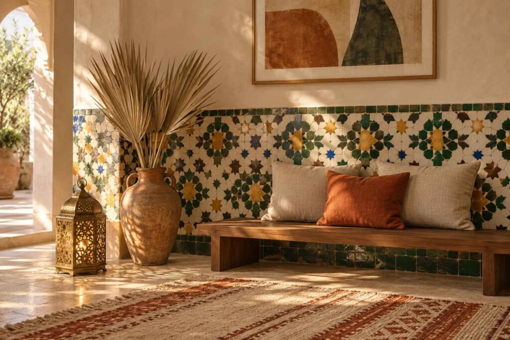 Moroccan geometric patterns in zellige: an eight-pointed star tile wall behind a walnut bench with framed art above