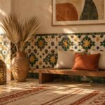 Moroccan geometric patterns in zellige: an eight-pointed star tile wall behind a walnut bench with framed art above
