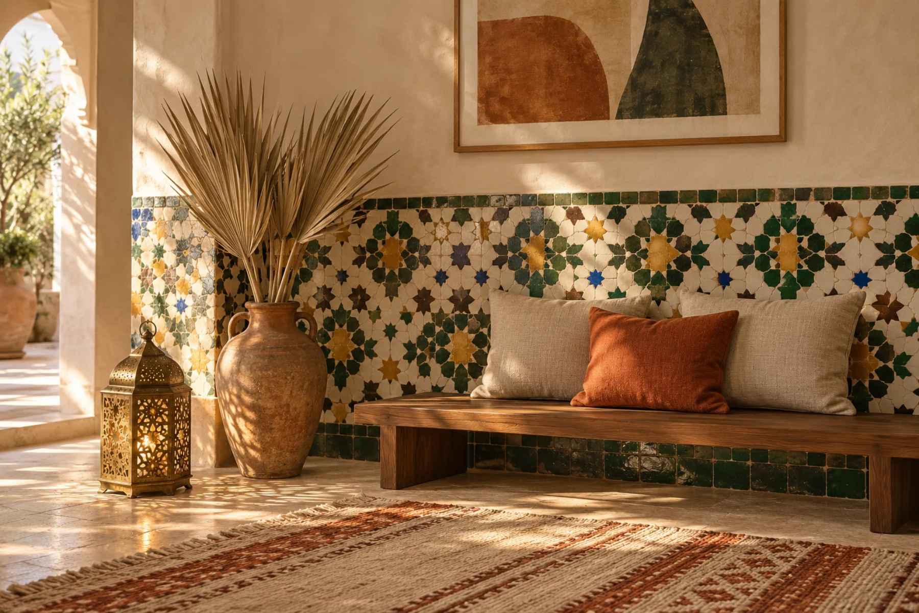 Moroccan geometric patterns in zellige: an eight-pointed star tile wall behind a walnut bench with framed art above