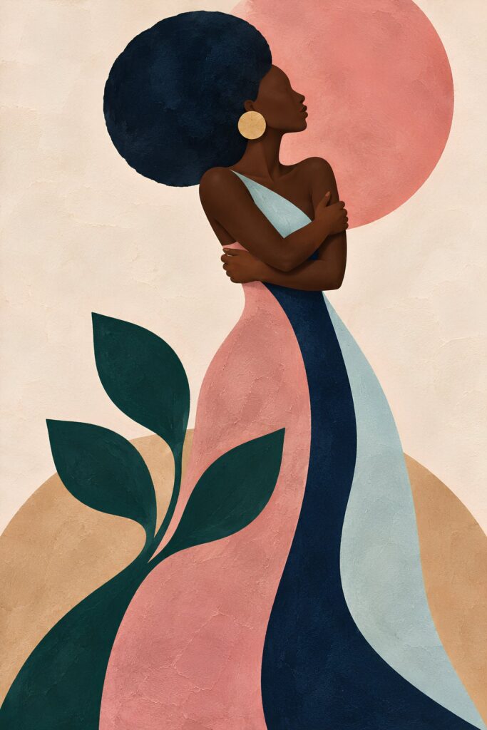 Self-Embrace Under the Pink Sun, Black woman self love art of a woman hugging herself in front of a coral sun