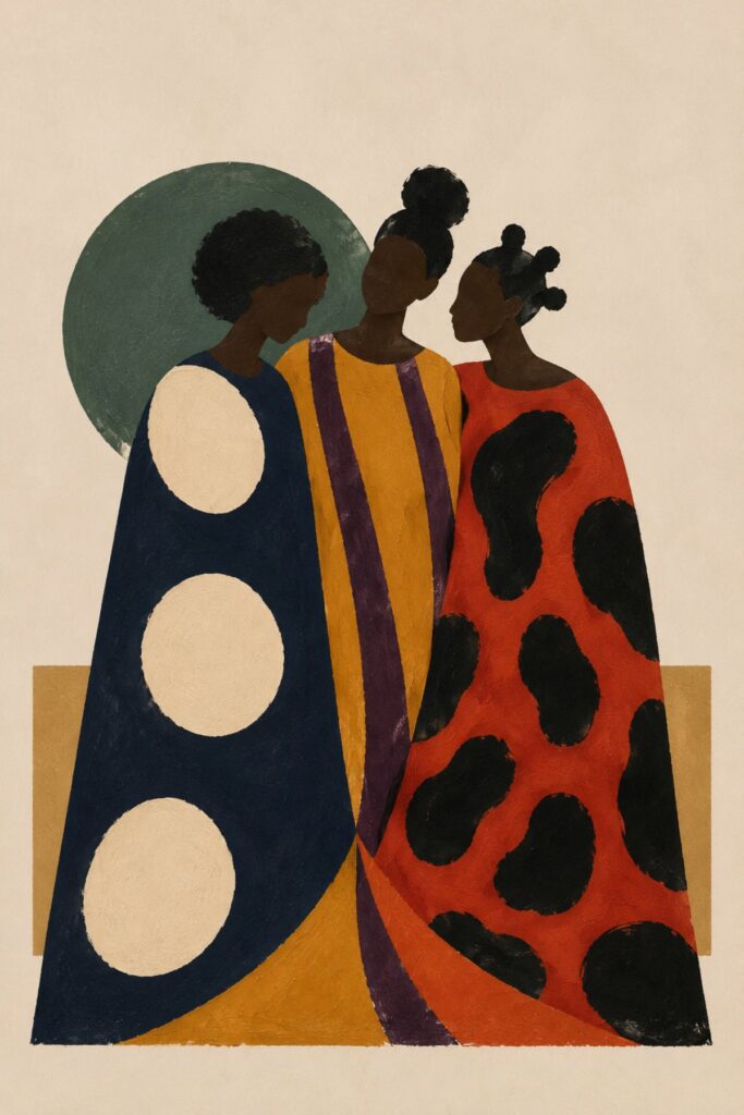 Three Sisters in Patterned Robes, Afro-boho black sisterhood wall art of three Black women in navy, ochre and burnt orange robes